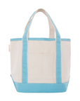 Embroidered Small Open Top Canvas Tote Bag, light blue trim