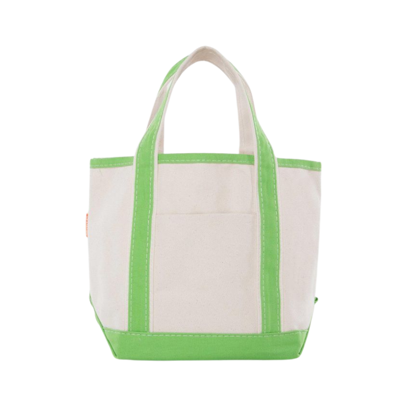 Embroidered Small Open Top Canvas Tote Bag, lime green trim