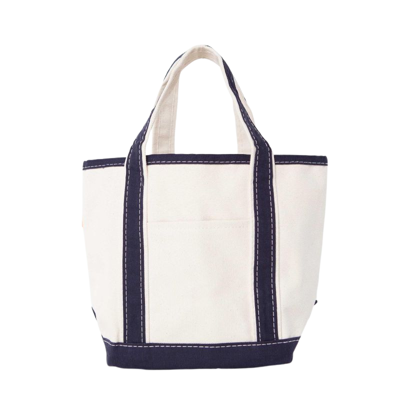 Embroidered Small Open Top Canvas Tote Bag, navy blue trim