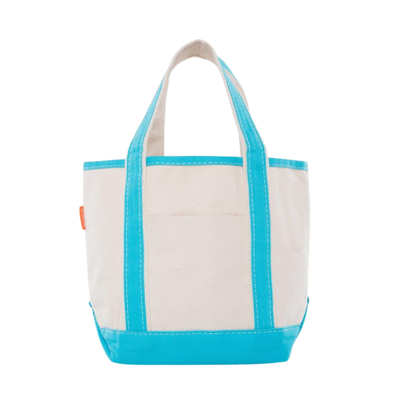 Embroidered Small Open Top Canvas Tote Bag, turquoise trim