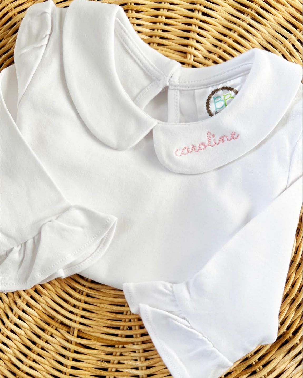 Little Girls Long Sleeve Peter Pan Collar bodysuit with embroidered name