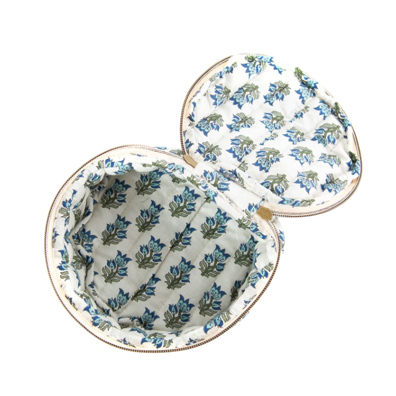 Inside of Quilted Block Print Circle Travel Case