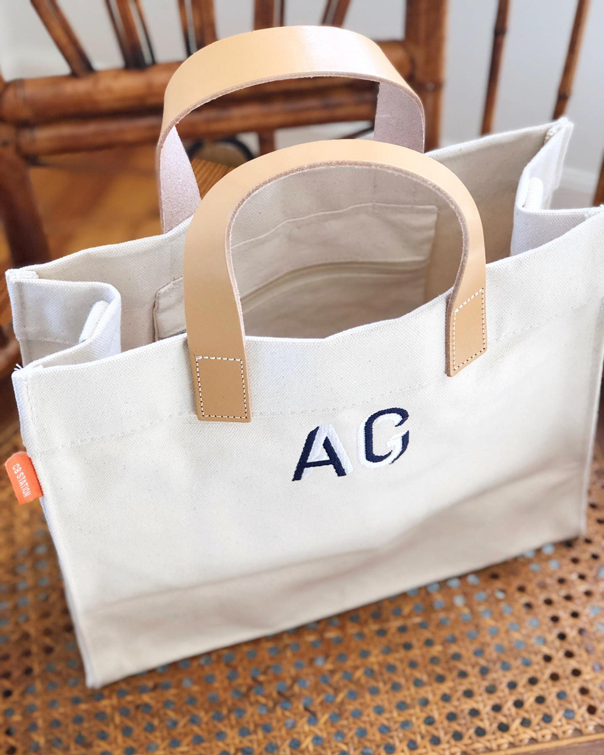 Leather Handle Crossbody Canvas Tote Bag
