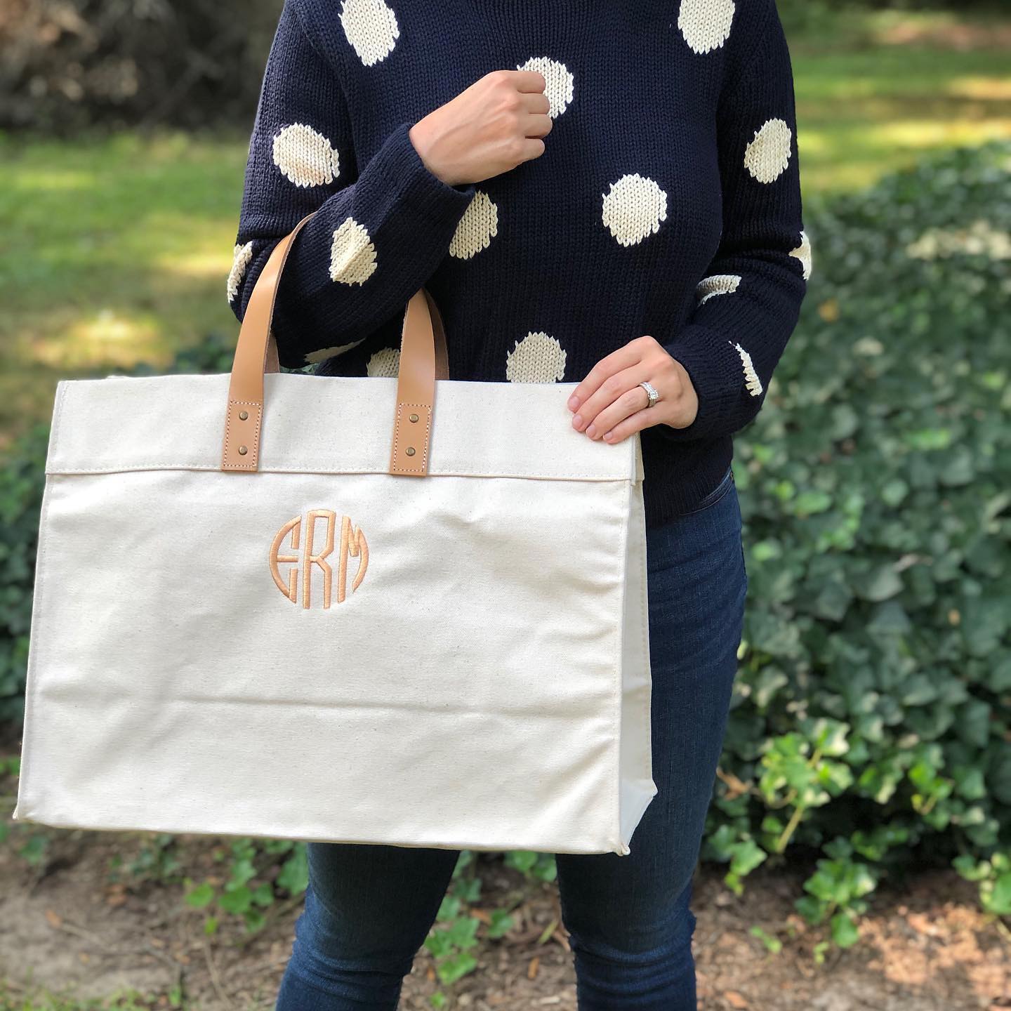 Classic Aesthetic Leather Handle Natural Canvas Tote Bag Monogrammed