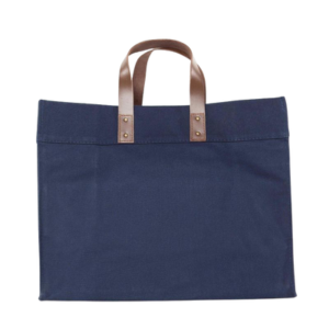 Leather Handle Navy Canvas Box Tote Bag
