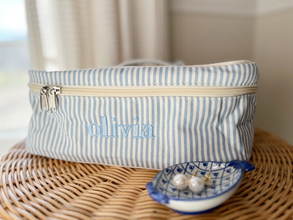 Navy striped train case monogrammed