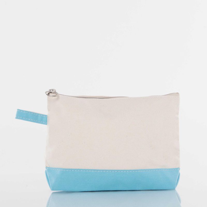 Beige and blue pouch with a zipper on a white background