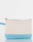 Beige and blue pouch with a zipper on a white background