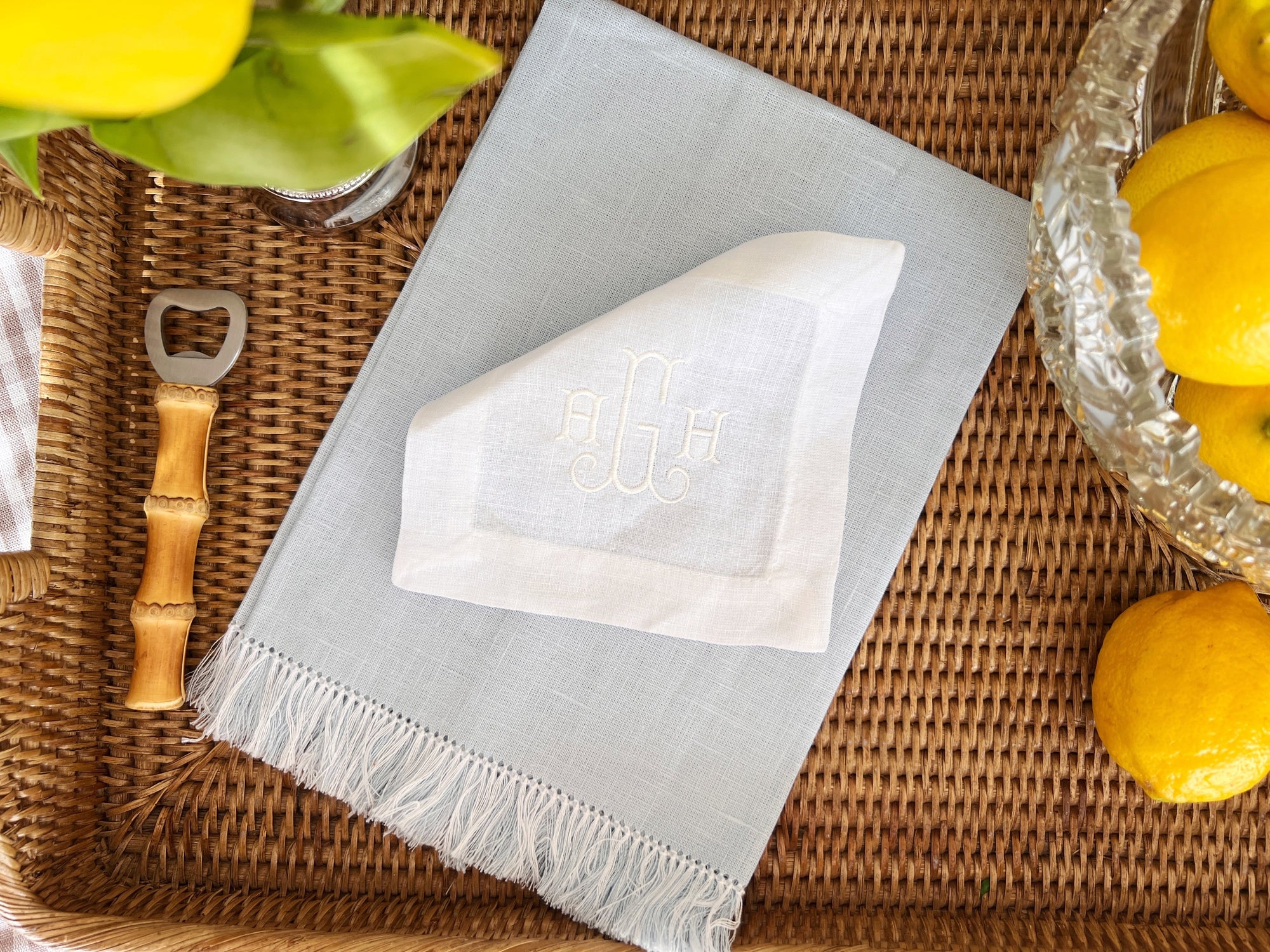 Monogrammed Fringe Guest Towels in pink, blue, and green