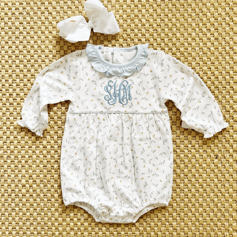 Floral Pima cotton baby girl bubble with ruffle collar and embroidered monogram