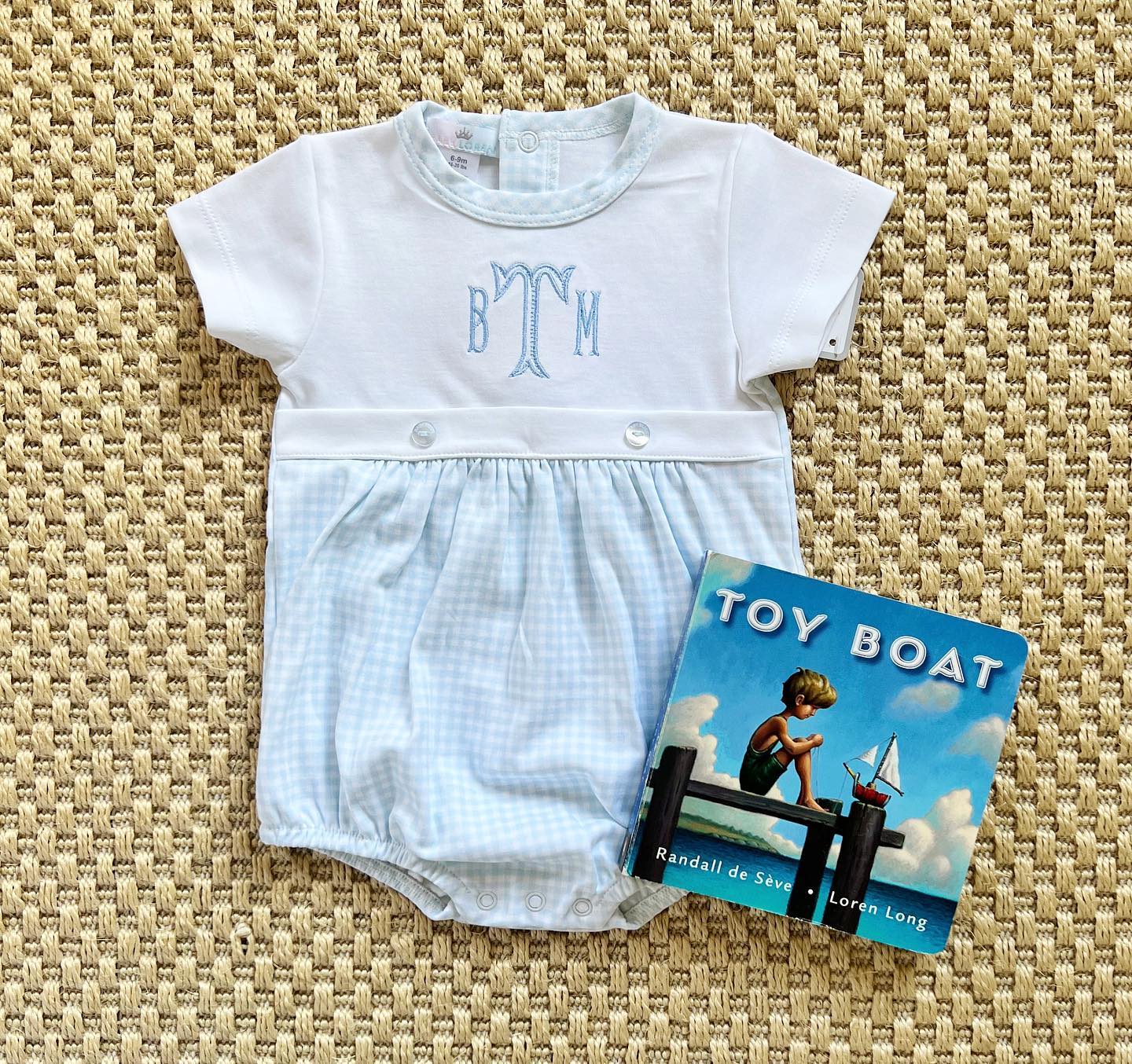 Blue gingham Pima cotton baby boy bubble with personalized monogram