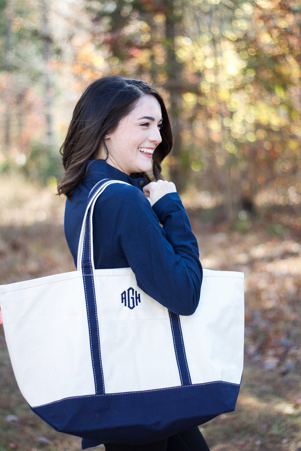 monogrammed large canvas tote bag with navy trim