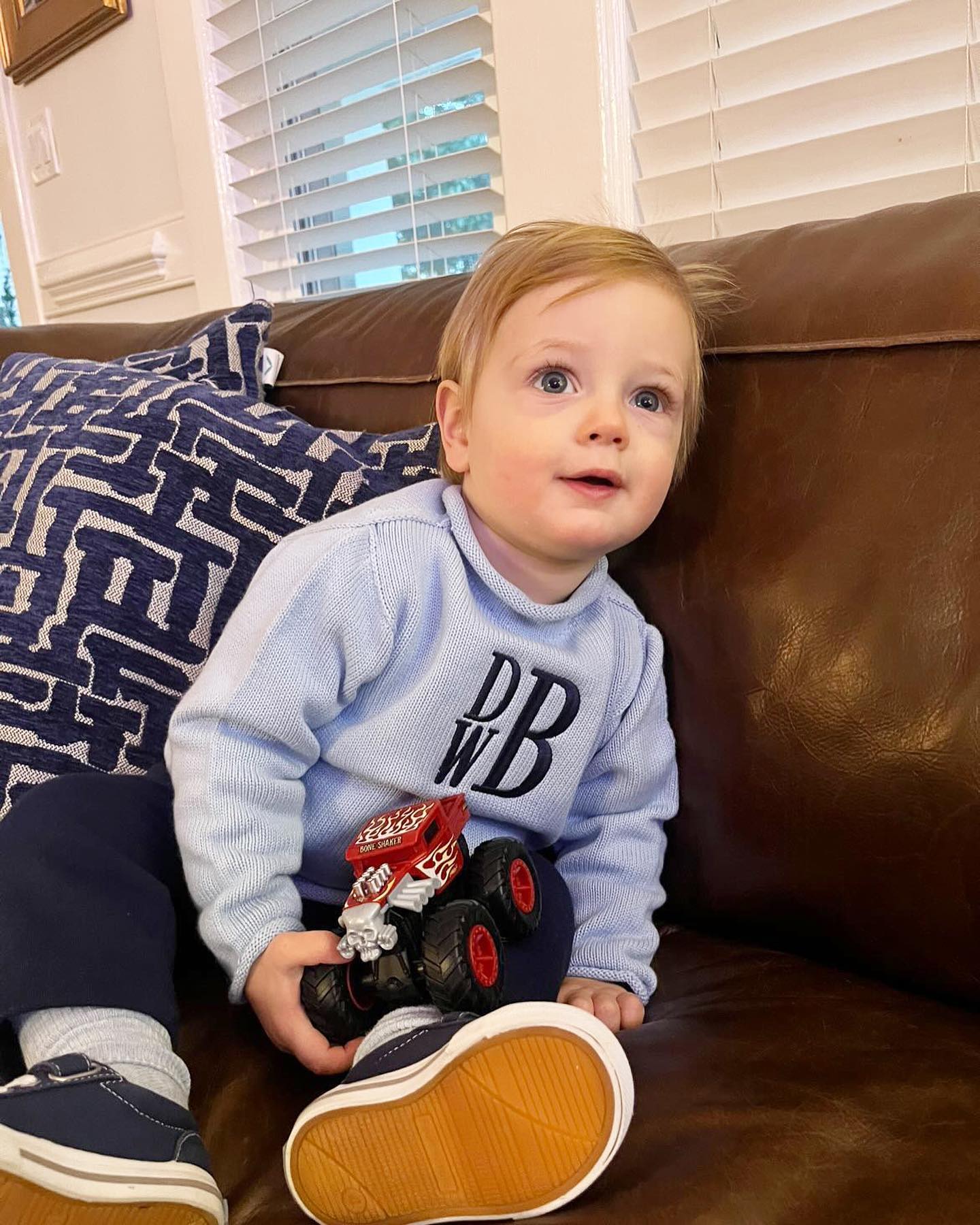 Monogrammed light blue cotton rollneck sweater on toddler boy