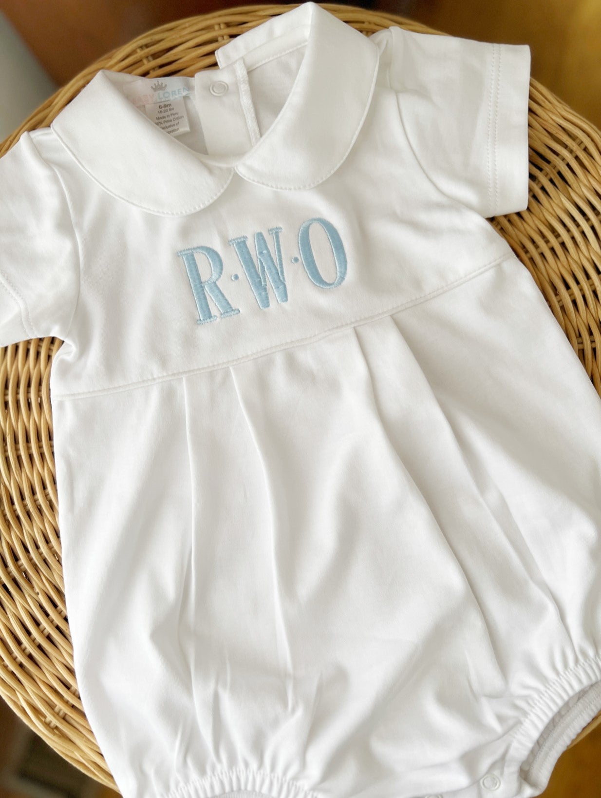 White Pima cotton baby boy bubble with Peter Pan collar and monogram