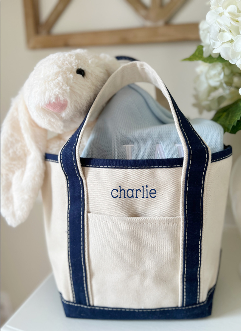 toddler boy canvas tote bag with embroidered name with bunny and embroidered sweater