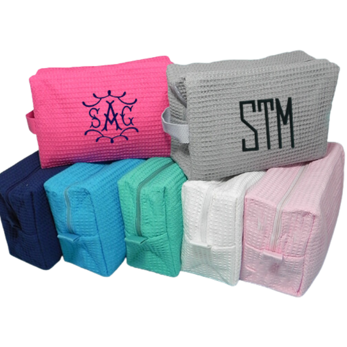 monogrammed white waffle weave cosmetic bag