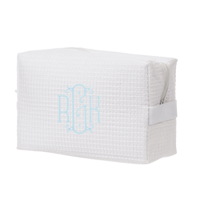 monogrammed white waffle weave cosmetic bag
