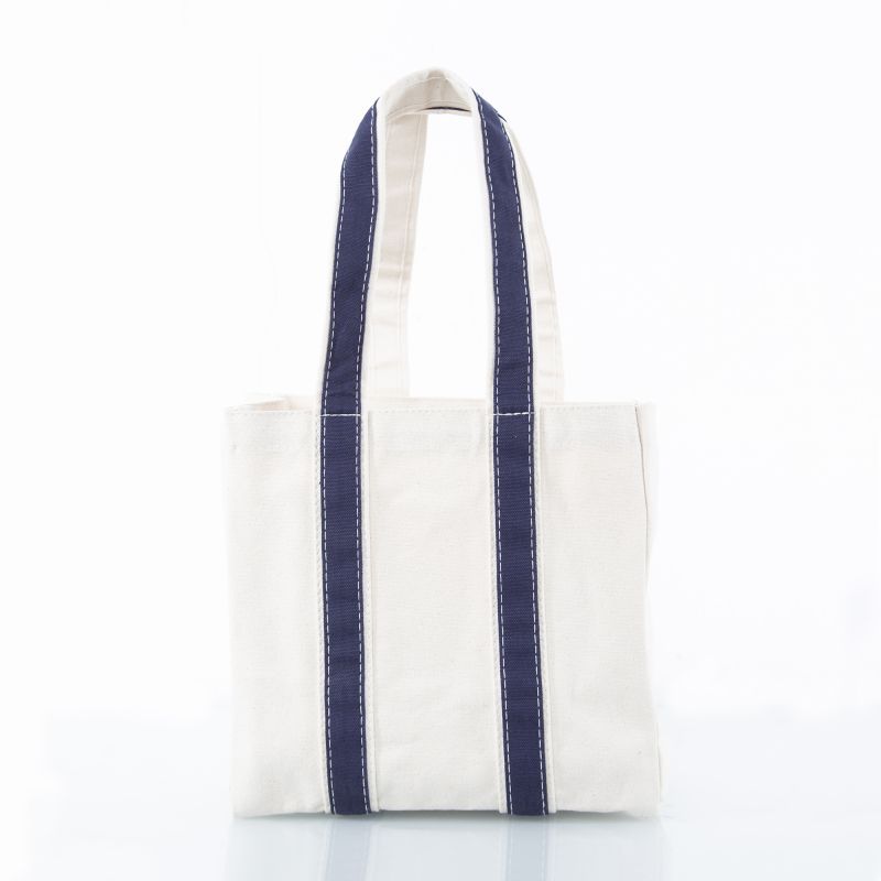 Canvas Wine Tote with Navy Trim Handles
