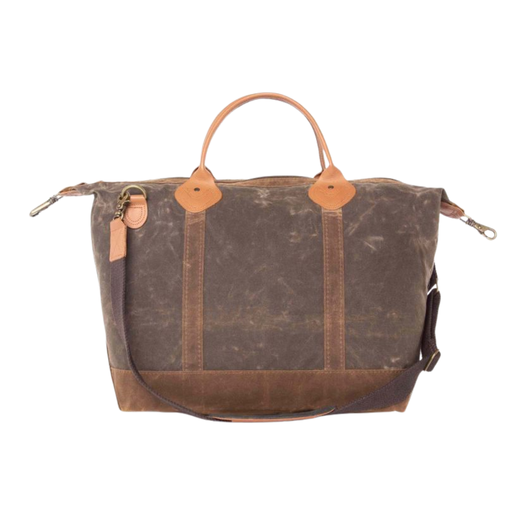 Olive Brown leather bag with strap on a white background