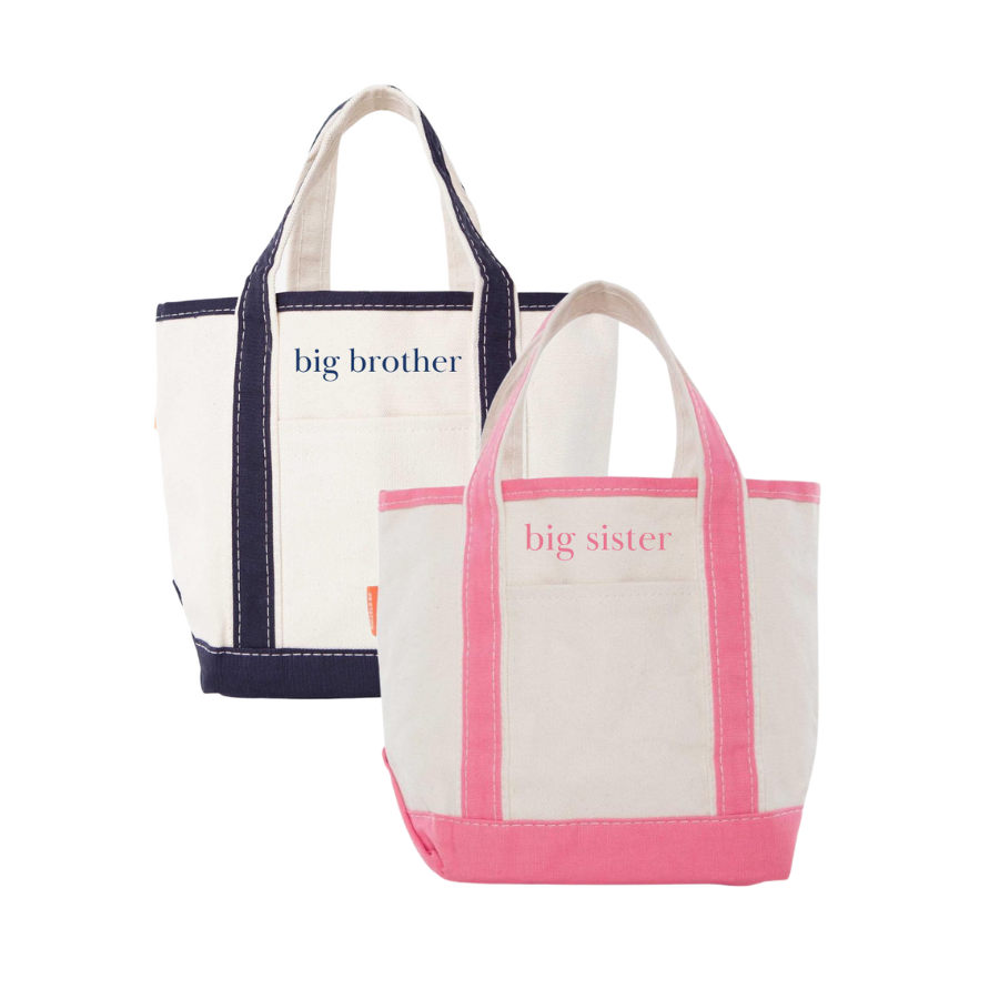 kids canvas tote bags, one labeled 'big brother' and the other 'big sister', on a white background.