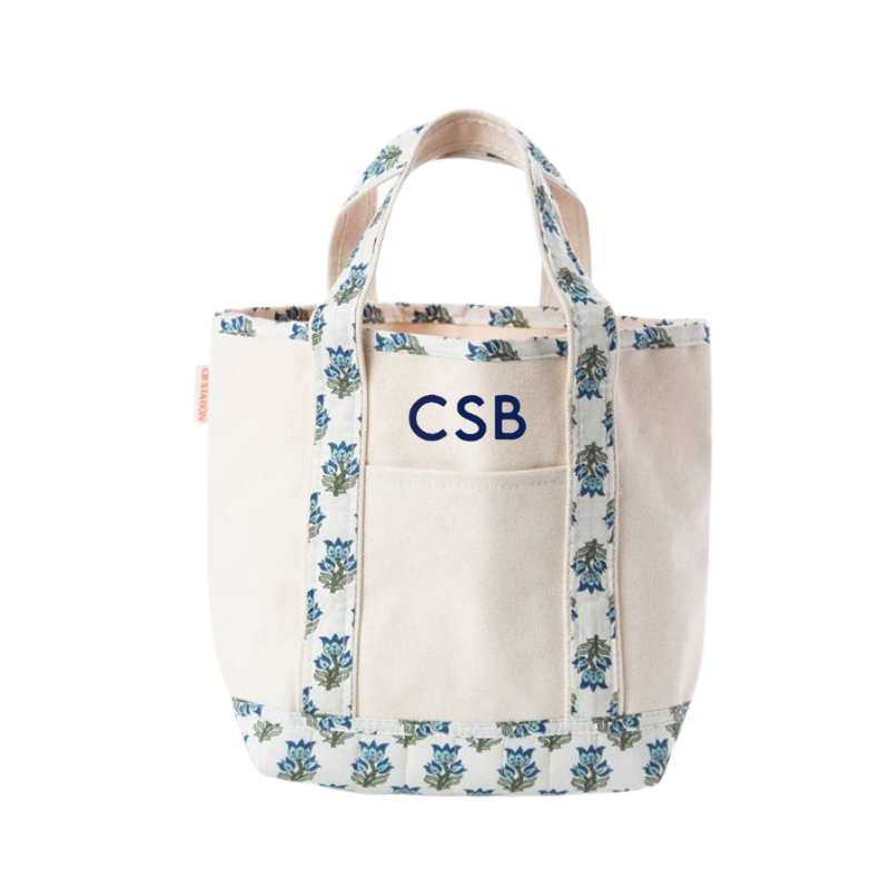 Personalized Blue and White Block Print Open Top Canvas Tote Bag