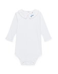 White baby peter pan collar bodysuit with an embroidered name