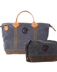 Waxed canvas duffel bag and toiletry bag with monogram on a white background