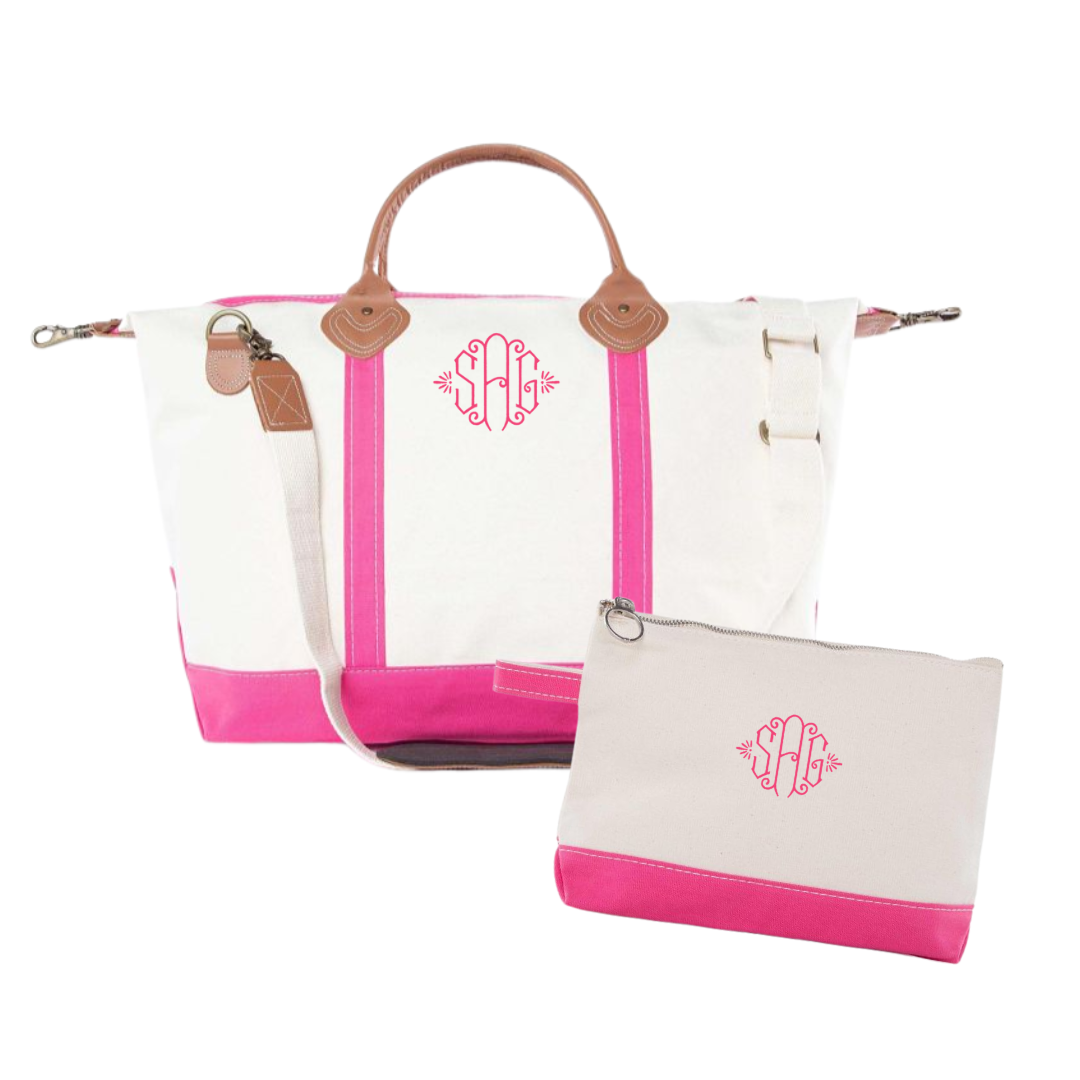 Monogram weekender travel bag with matching zip travel bag on white background
