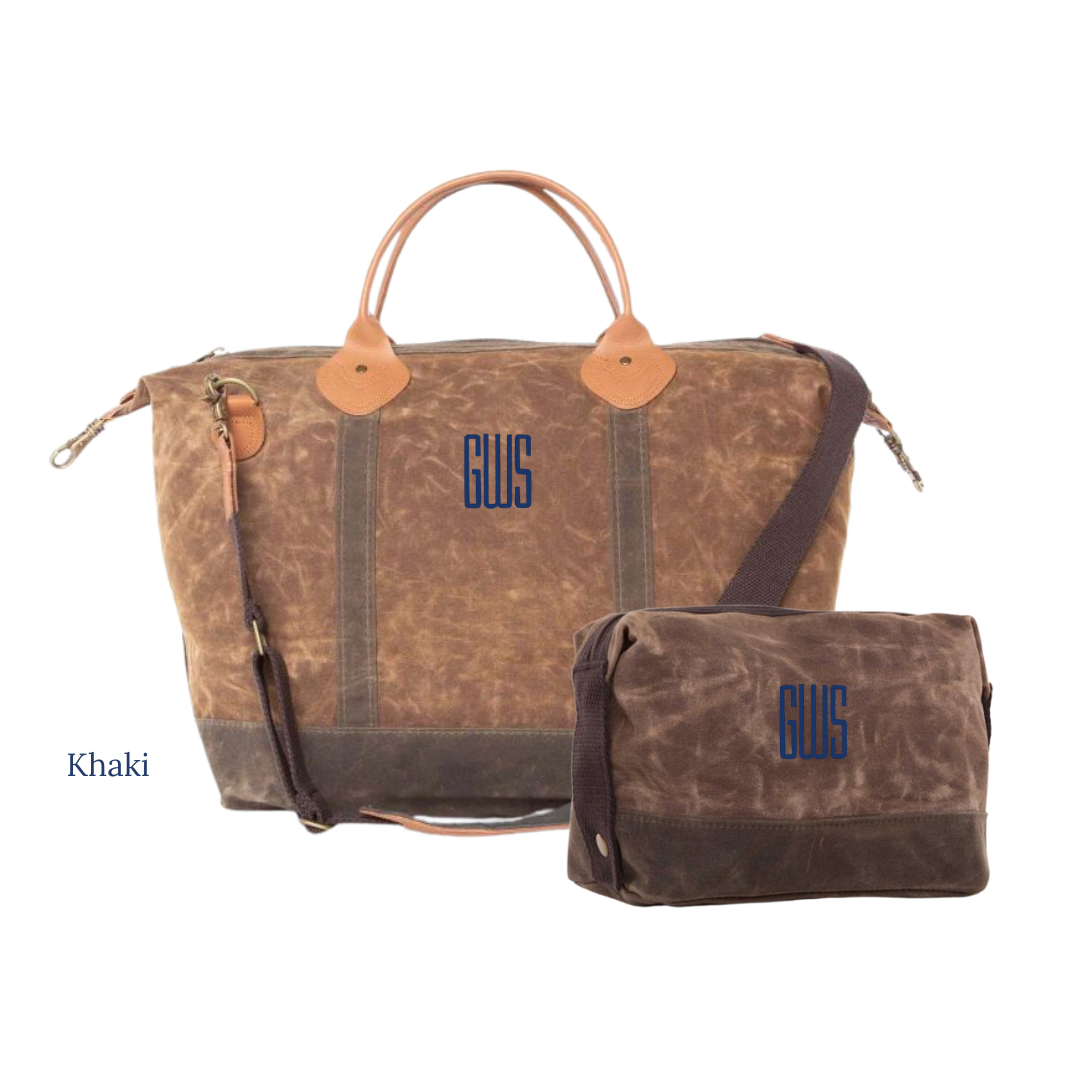 Khaki duffel bag with matching pouch on a white background