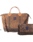 Khaki duffel bag with matching pouch on a white background
