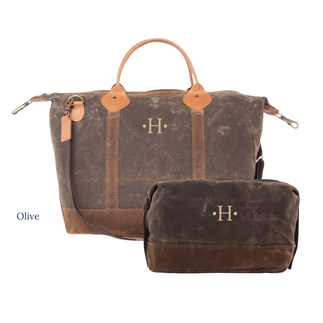 Olive green travel bag with matching toiletry bag on a white background