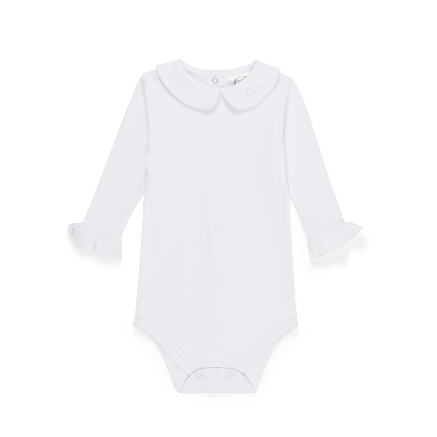 baby girl white peter pan collar bodysuit with personalized name