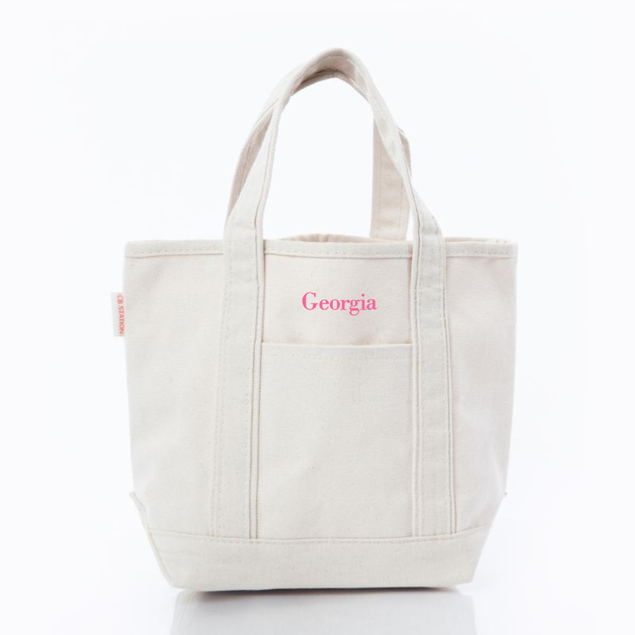 kids canvas tote bag with 'Georgia' embroidered on a white background