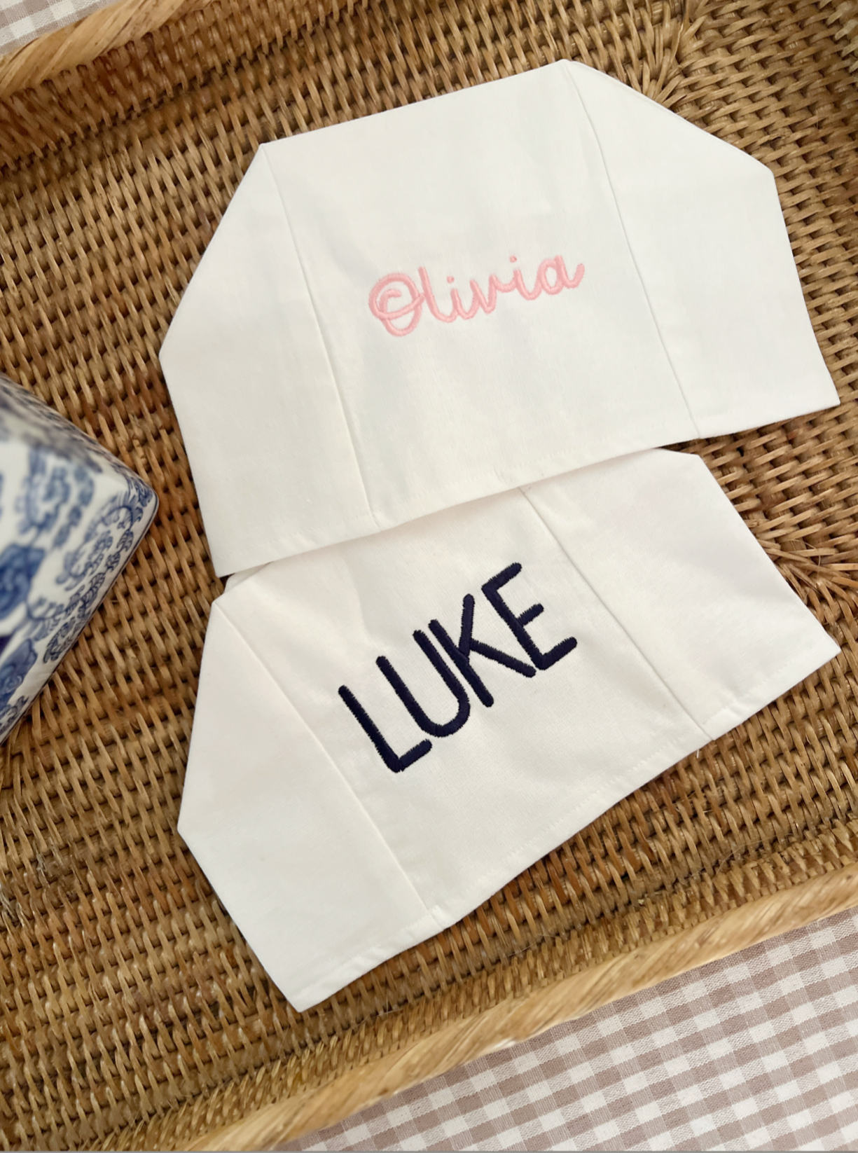 tissue box covers with embroidered names in navy and pink