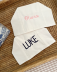 tissue box covers with embroidered names in navy and pink