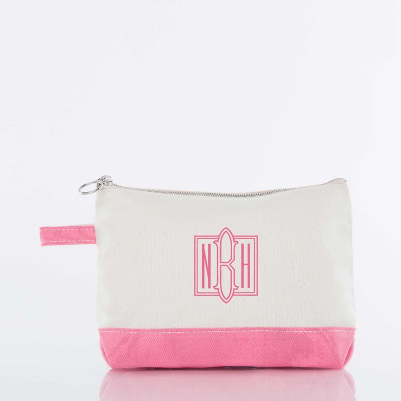 Personalized natural canvas zip pouch with flat bottom and embroidered monogram.
