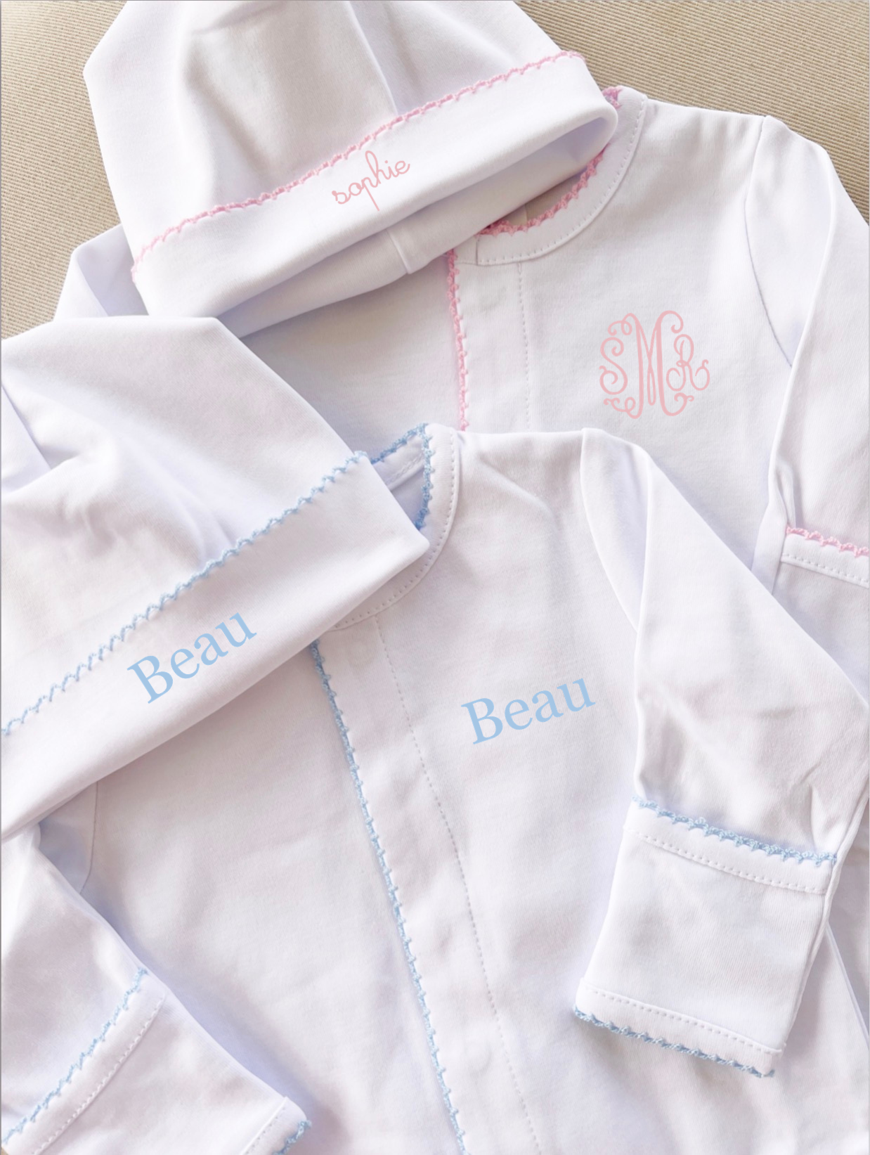 personalized baby footie and hat set with embroidered name and monogram