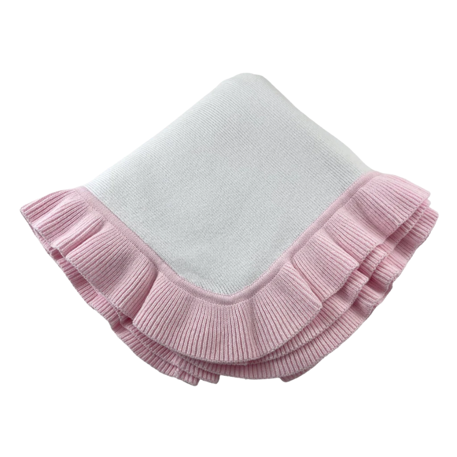 Personalized white cotton jersey baby blanket with pink ruffle trim