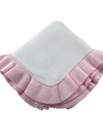 Personalized white cotton jersey baby blanket with pink ruffle trim