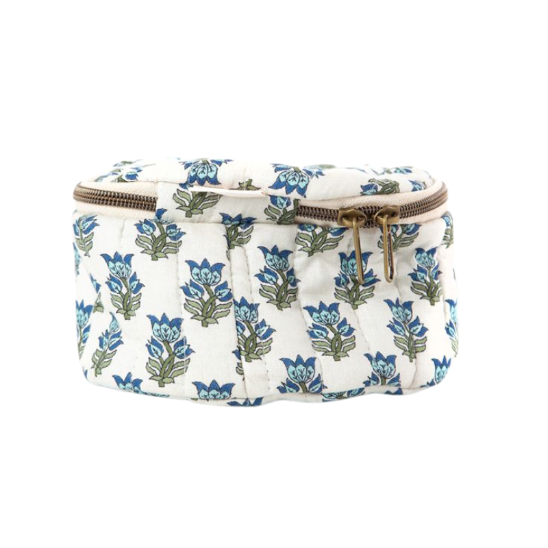 Quilted Blue and White Block Print Circle Travel Case