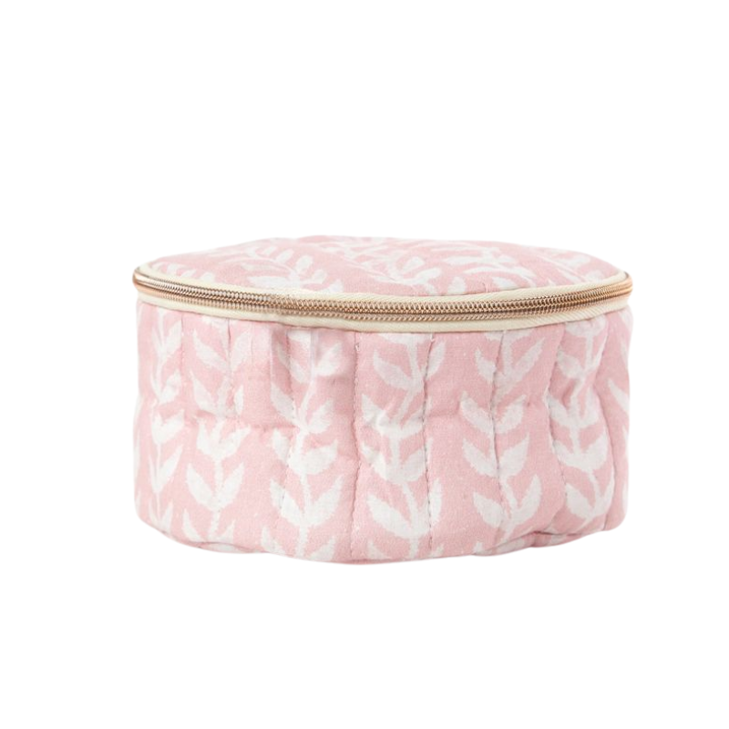 Quilted Pink Block Print Circle Travel Case