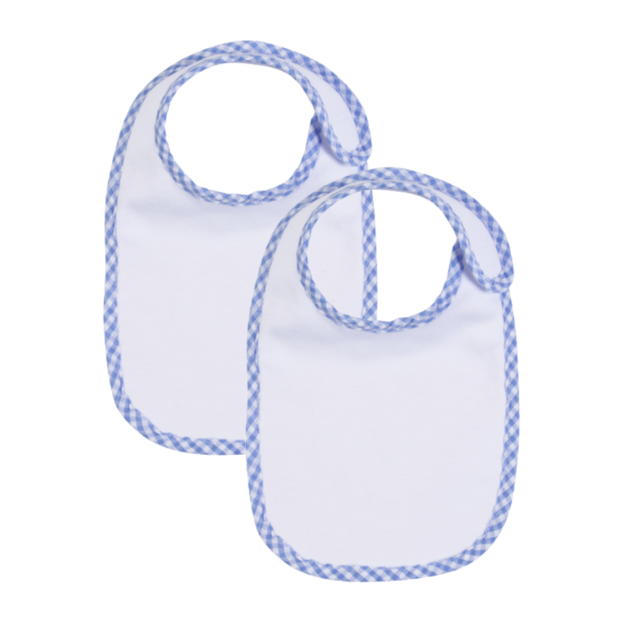 Two baby bibs with blue checkered trim on a white background