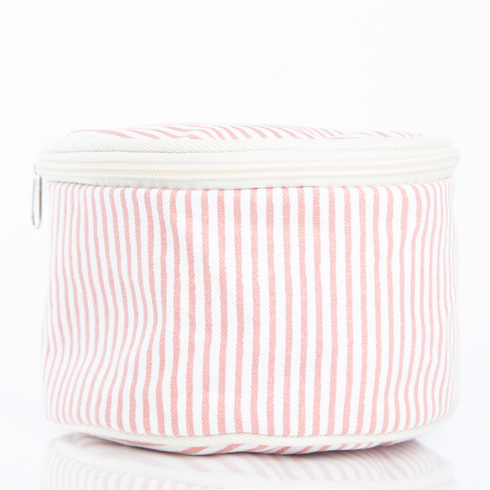 blue striped canvas circle travel case monogrammed