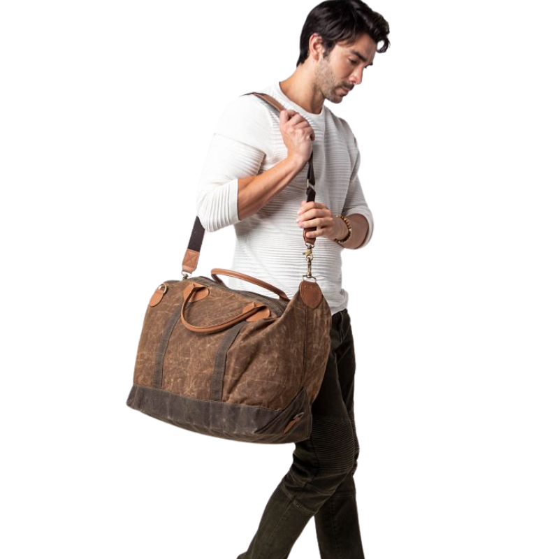 Waxed Khaki Canvas Weekender Bag, Embroidered