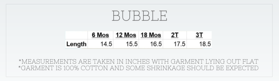 Measurement chart for bubble garment in inches with age groups.
