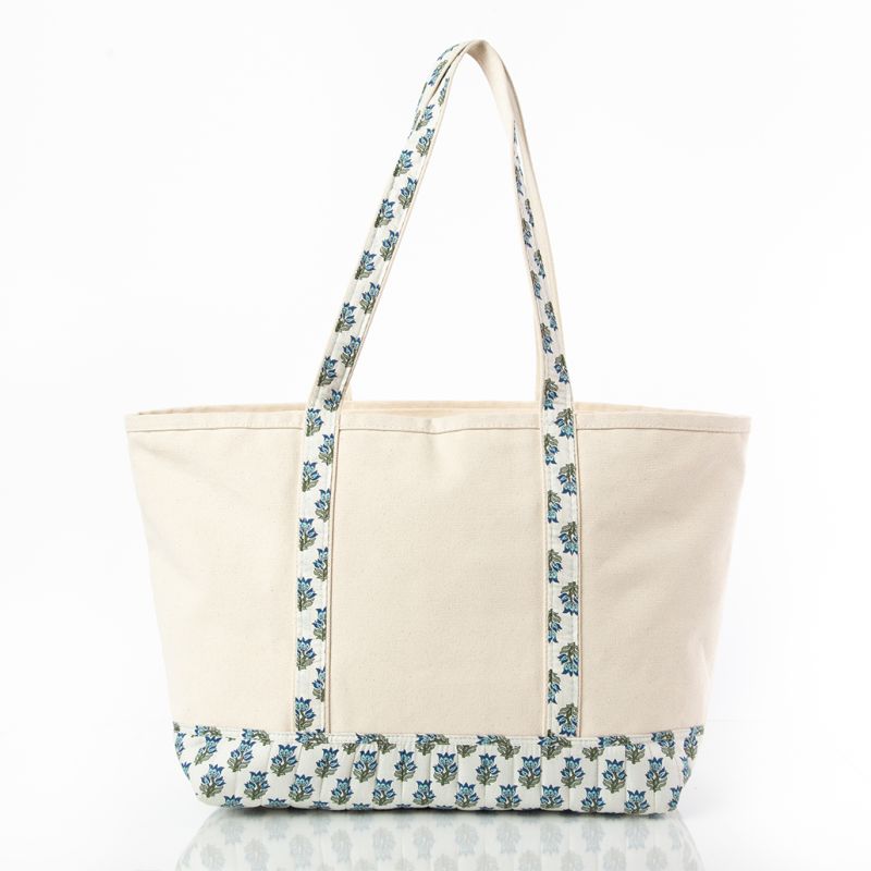 large canvas tote bag with blue floral pattern on a white background