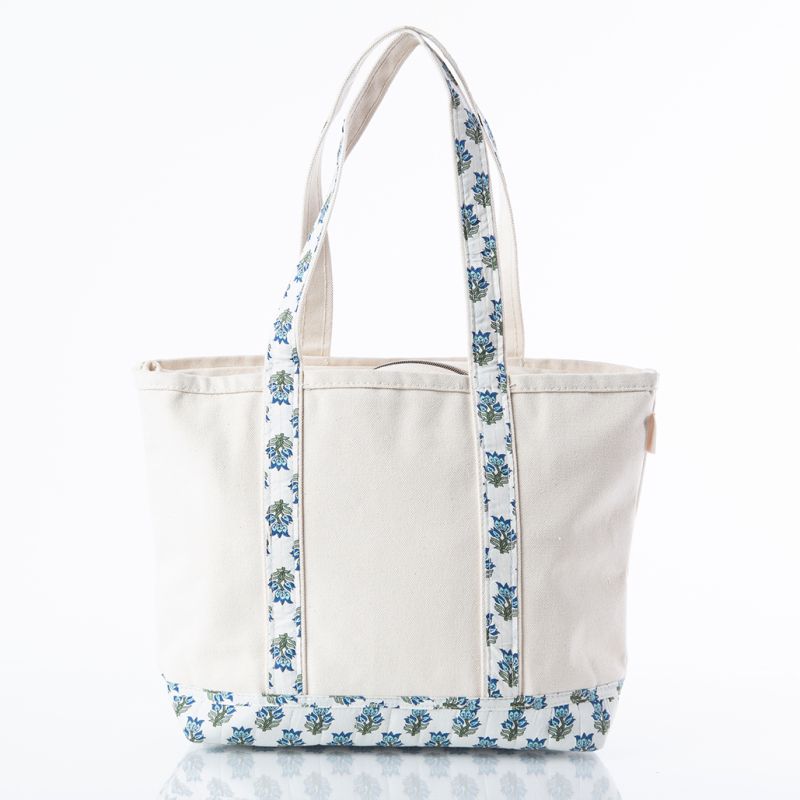 medium canvas tote bag with blue and green block print trim handles on white background