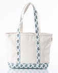 medium canvas tote bag with blue and green block print trim handles on white background
