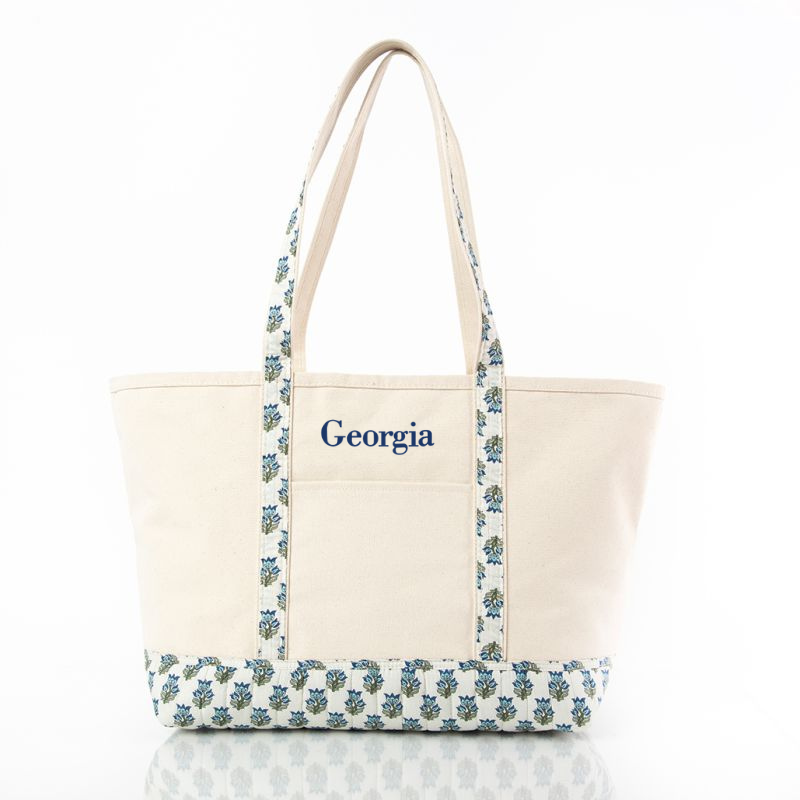 block print large classic canvas tote bag with embroidered name on white background