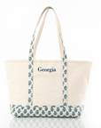 block print large classic canvas tote bag with embroidered name on white background